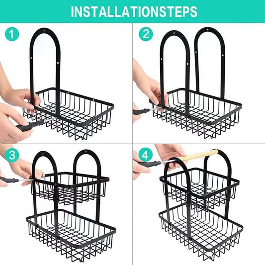 2-Tier Fruit Basket with Hanger – Detachable Carbon Steel Wire Basket with Wooden Handle for Home & Restaurant