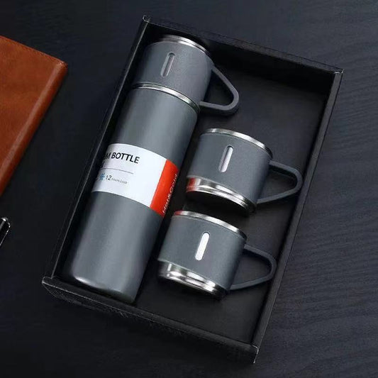 Portable Stainless Steel Thermos Bottle 500ml Vacuum Flask with 3 Cup Lids | Hot & Cold Insulated Travel Water Bottle Gift Set