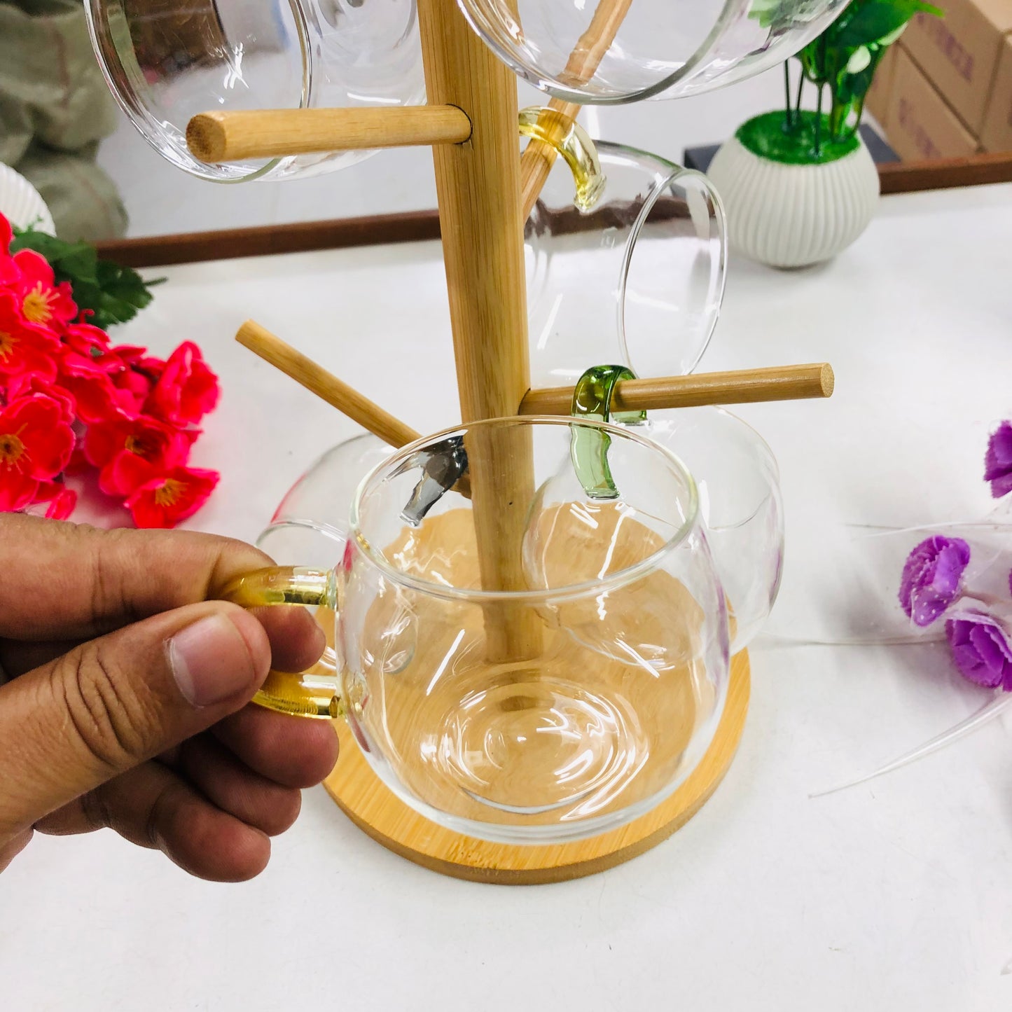 7 Pcs Bamboo Mug Rack Set High Borosilicate Glass Coffee & Tea Cups (100ml) Premium Mug Bamboo & Clear Glass