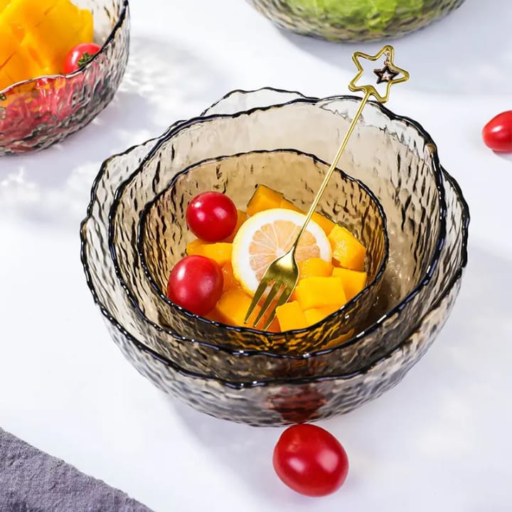 3 Pcs Colorful Vintage Glass Bowls Set for Salad, Fruits & Dessert – Decorative Multi-Functional Crystal Bowls for Home, Party & Wedding Use