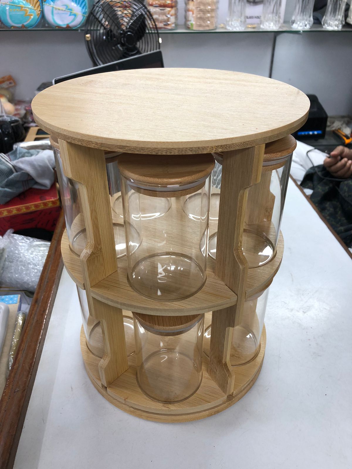 10 Pcs Bamboo Rotating Food Storage Jar Set – Airtight Glass Containers with Bamboo Rack | Multi-Functional Kitchen Storage Tank