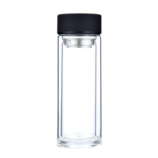 Classical Clear Heat Resistant Borosilicate Glass Travel Mug | 300ml Tea Infuser Bottle with Filter | Transparent Coffee & Water Bottle