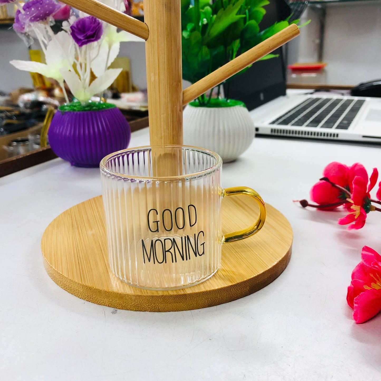 7 Pcs Bamboo Mug Rack Set High Borosilicate Glass Coffee & Tea Cups (100ml) Premium Mug Bamboo & Clear Glass