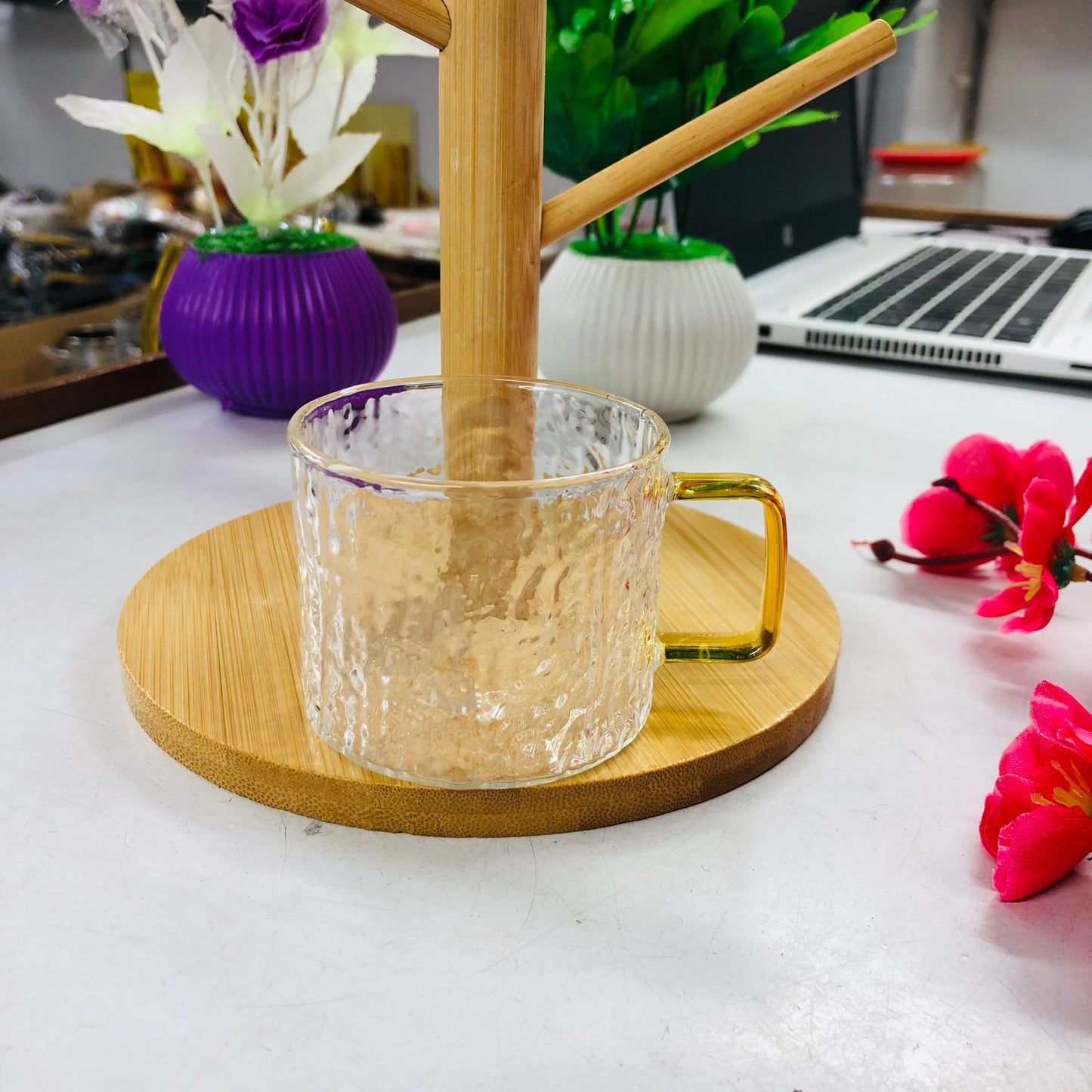 7 Pcs Bamboo Mug Rack Set High Borosilicate Glass Coffee & Tea Cups (100ml) Premium Mug Bamboo & Clear Glass