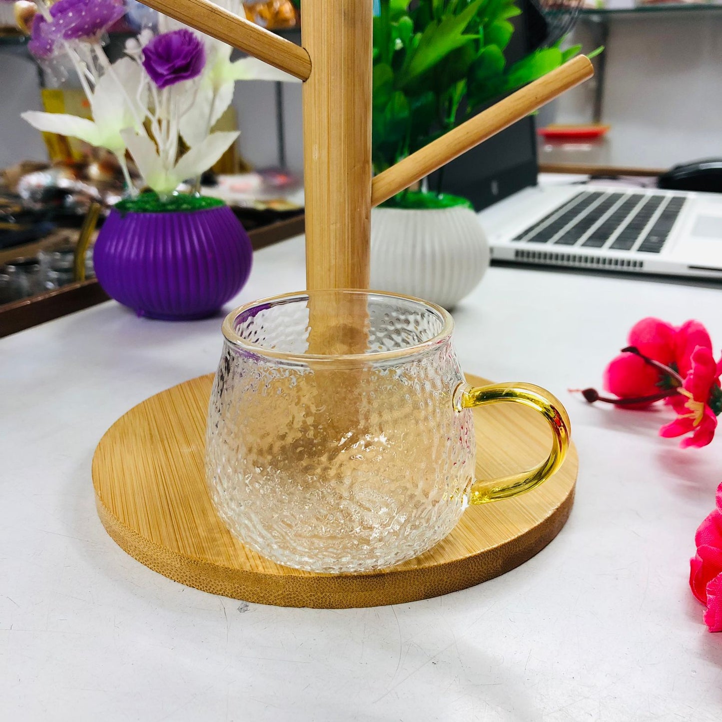 7 Pcs Bamboo Mug Rack Set High Borosilicate Glass Coffee & Tea Cups (100ml) Premium Mug Bamboo & Clear Glass