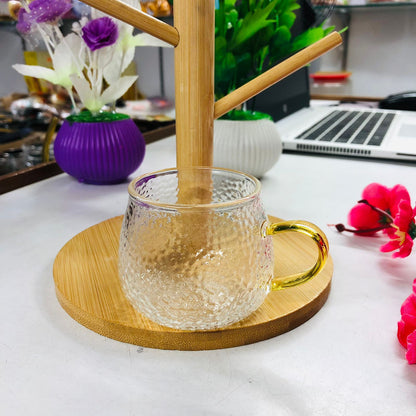 7 Pcs Bamboo Mug Rack Set High Borosilicate Glass Coffee & Tea Cups (100ml) Premium Mug Bamboo & Clear Glass