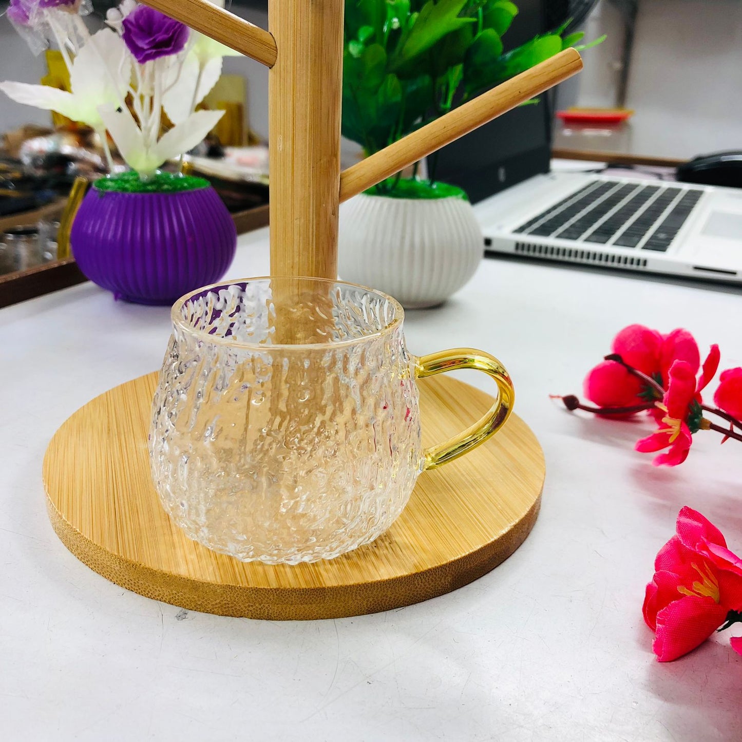 7 Pcs Bamboo Mug Rack Set High Borosilicate Glass Coffee & Tea Cups (100ml) Premium Mug Bamboo & Clear Glass