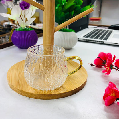7 Pcs Bamboo Mug Rack Set High Borosilicate Glass Coffee & Tea Cups (100ml) Premium Mug Bamboo & Clear Glass