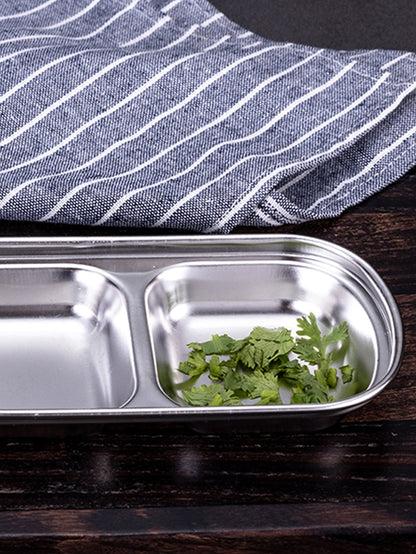 2 Compartment Stainless Steel Sauce Dish – Modern Luxury Appetizer Plate for Soy Sauce, Dip, Salad & Snacks