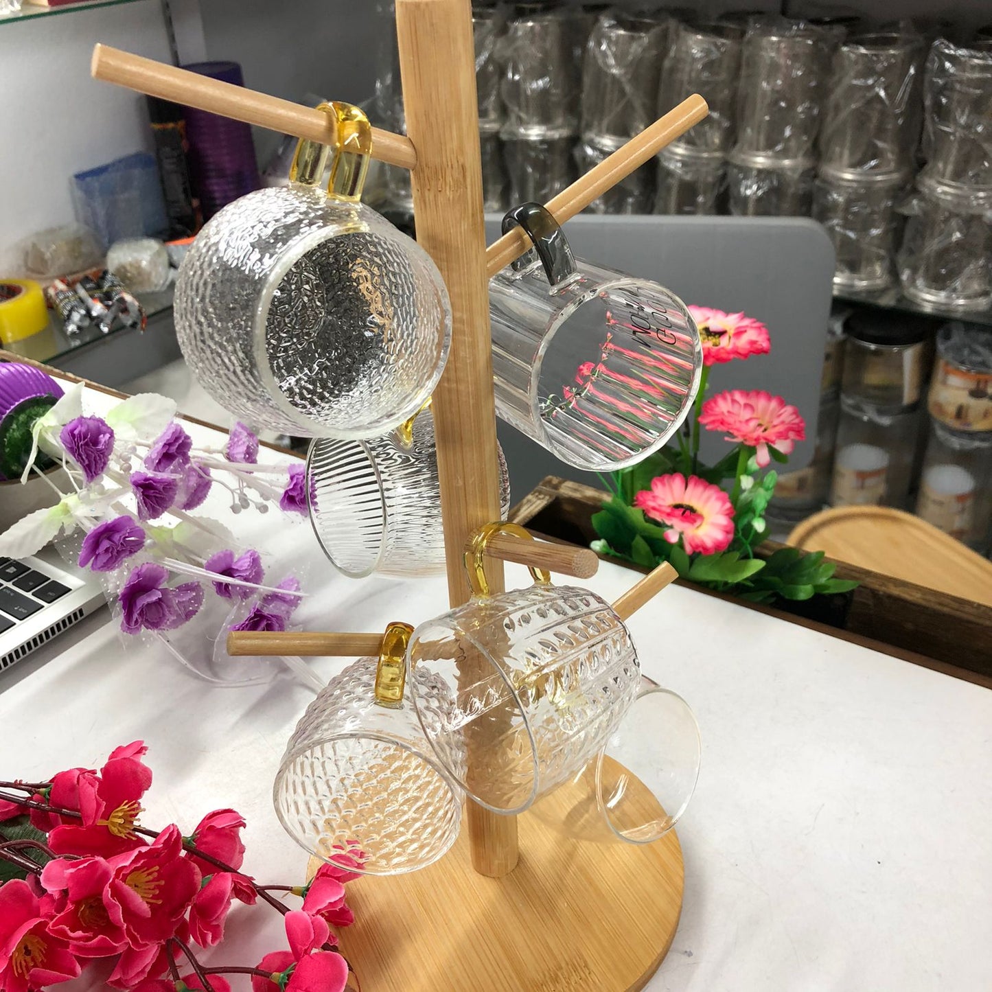 7 Pcs Bamboo Mug Rack Set High Borosilicate Glass Coffee & Tea Cups (100ml) Premium Mug Bamboo & Clear Glass