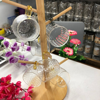 7 Pcs Bamboo Mug Rack Set High Borosilicate Glass Coffee & Tea Cups (100ml) Premium Mug Bamboo & Clear Glass