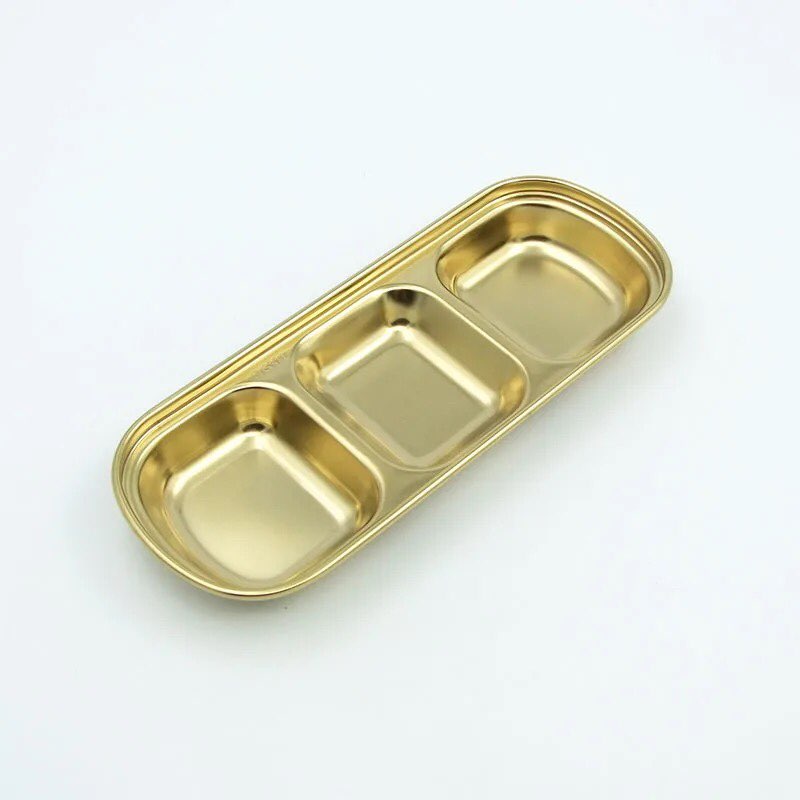 3 Compartment Stainless Steel Soy Sauce Dipping Bowls – Modern Luxury Appetizer Plates for Sushi, BBQ Sauce, Ketchup & Seasonings