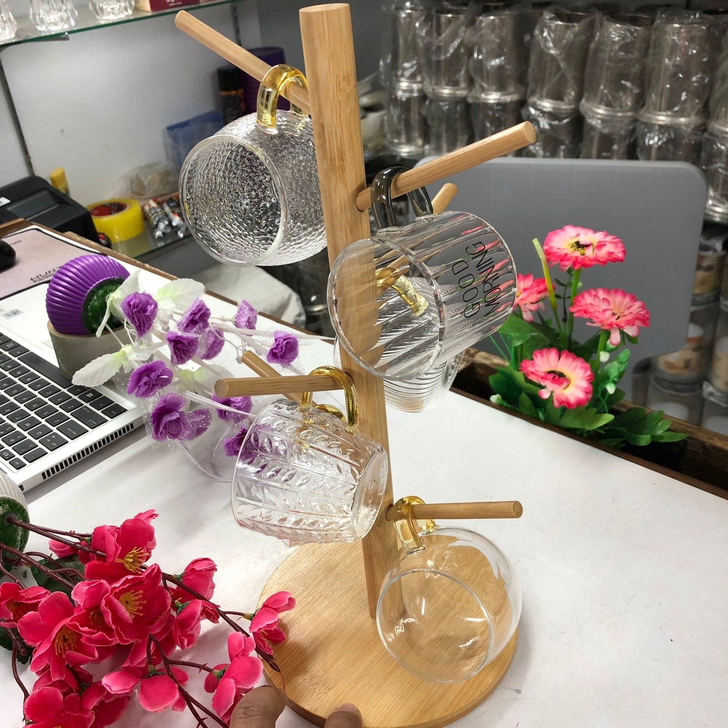 7 Pcs Bamboo Mug Rack Set High Borosilicate Glass Coffee & Tea Cups (100ml) Premium Mug Bamboo & Clear Glass