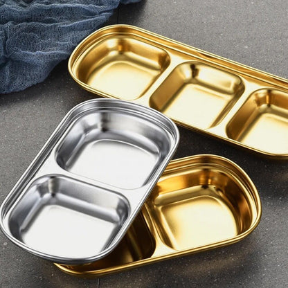 2 Compartment Stainless Steel Sauce Dish – Modern Luxury Appetizer Plate for Soy Sauce, Dip, Salad & Snacks