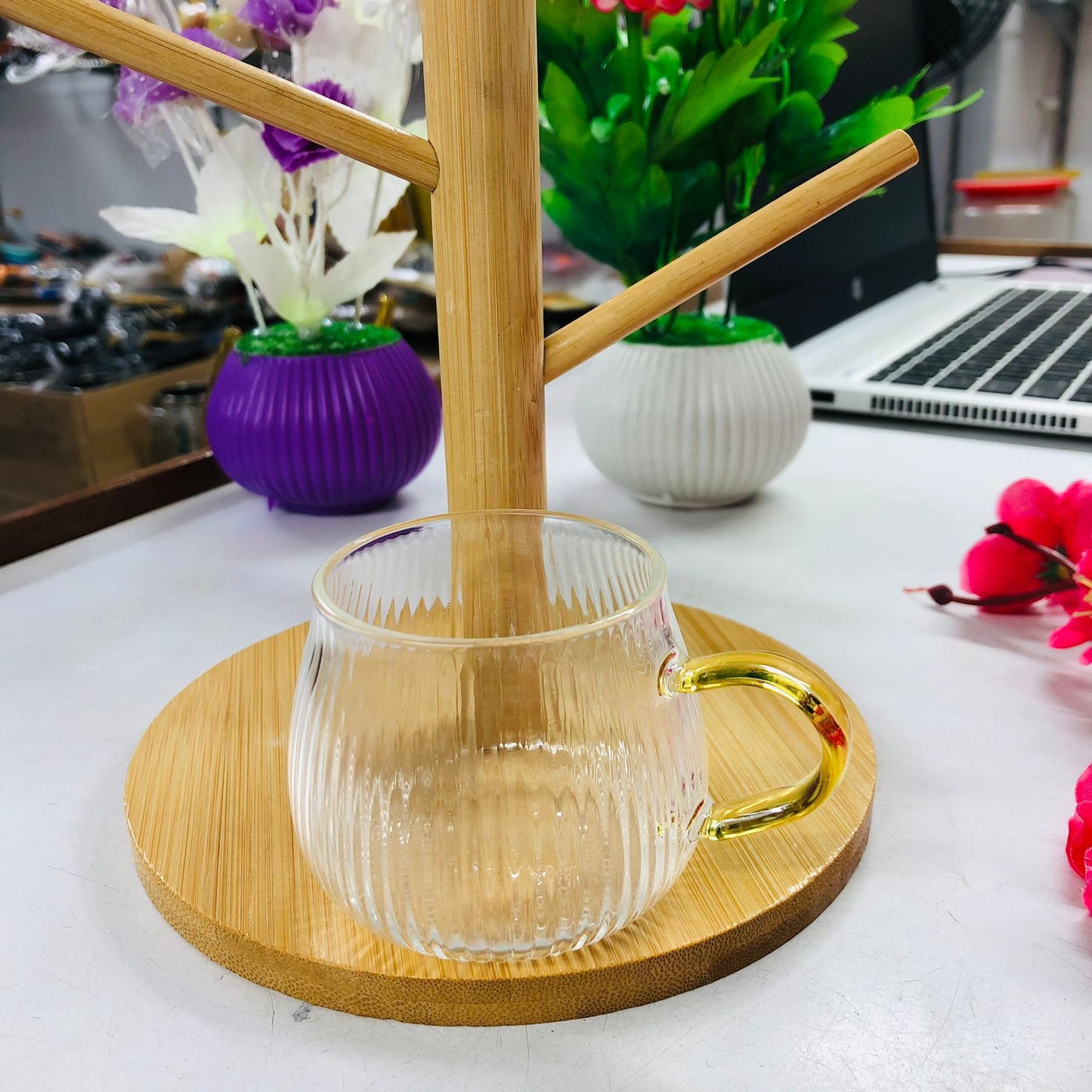 7 Pcs Bamboo Mug Rack Set High Borosilicate Glass Coffee & Tea Cups (100ml) Premium Mug Bamboo & Clear Glass