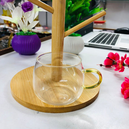 7 Pcs Bamboo Mug Rack Set High Borosilicate Glass Coffee & Tea Cups (100ml) Premium Mug Bamboo & Clear Glass