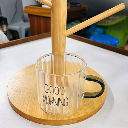 7 Pcs Bamboo Mug Rack Set High Borosilicate Glass Coffee & Tea Cups (100ml) Premium Mug Bamboo & Clear Glass