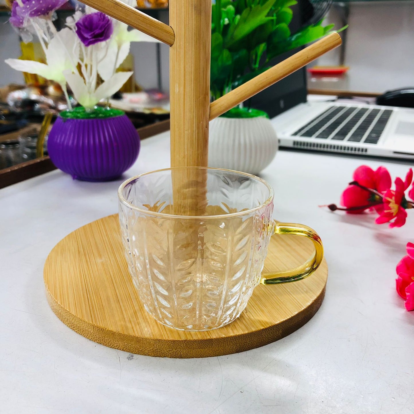 7 Pcs Bamboo Mug Rack Set High Borosilicate Glass Coffee & Tea Cups (100ml) Premium Mug Bamboo & Clear Glass