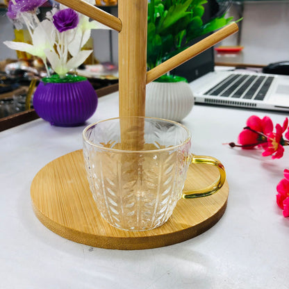 7 Pcs Bamboo Mug Rack Set High Borosilicate Glass Coffee & Tea Cups (100ml) Premium Mug Bamboo & Clear Glass