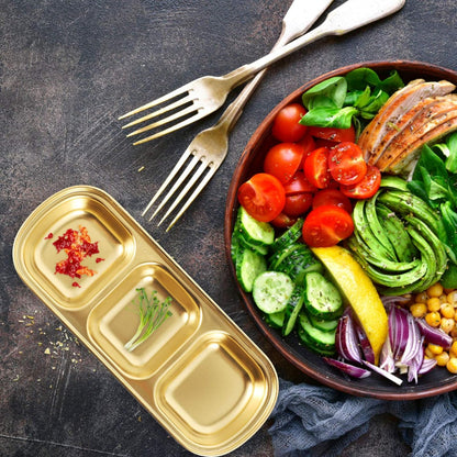 3 Compartment Stainless Steel Soy Sauce Dipping Bowls – Modern Luxury Appetizer Plates for Sushi, BBQ Sauce, Ketchup & Seasonings