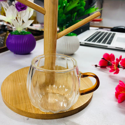 7 Pcs Bamboo Mug Rack Set High Borosilicate Glass Coffee & Tea Cups (100ml) Premium Mug Bamboo & Clear Glass