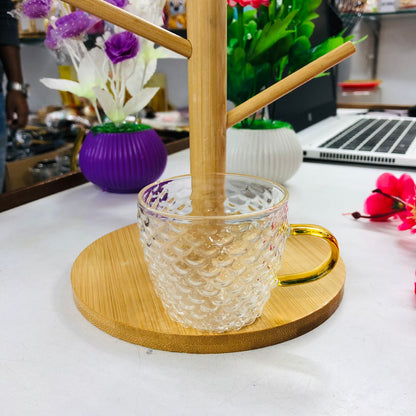 7 Pcs Bamboo Mug Rack Set High Borosilicate Glass Coffee & Tea Cups (100ml) Premium Mug Bamboo & Clear Glass