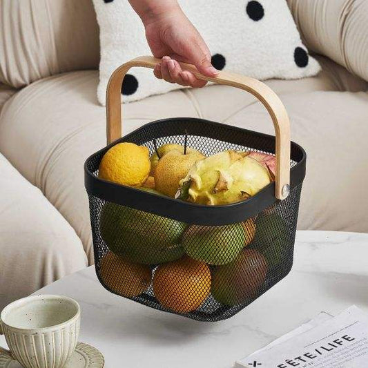 Countertop Metal Wire Mesh Storage Basket – Modern Square Fruit & Food Organizer with Wooden Handle