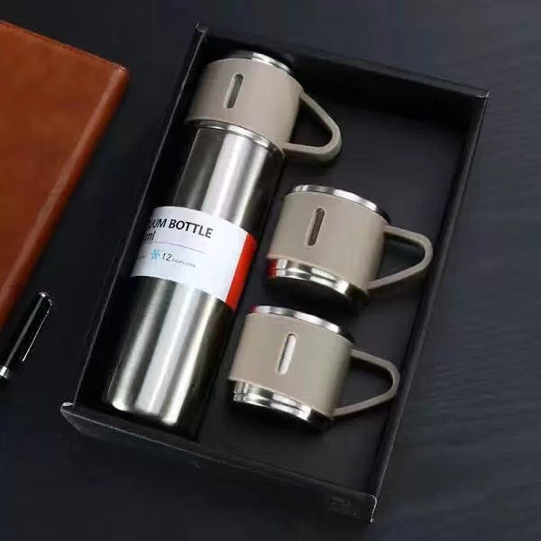 Portable Stainless Steel Thermos Bottle 500ml Vacuum Flask with 3 Cup Lids | Hot & Cold Insulated Travel Water Bottle Gift Set