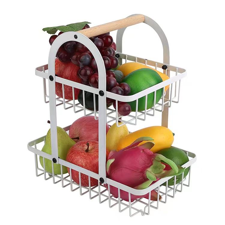 2-Tier Fruit Basket with Hanger – Detachable Carbon Steel Wire Basket with Wooden Handle for Home & Restaurant