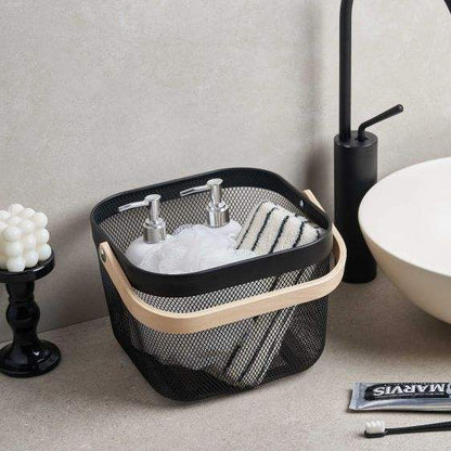 Countertop Metal Wire Mesh Storage Basket – Modern Square Fruit & Food Organizer with Wooden Handle