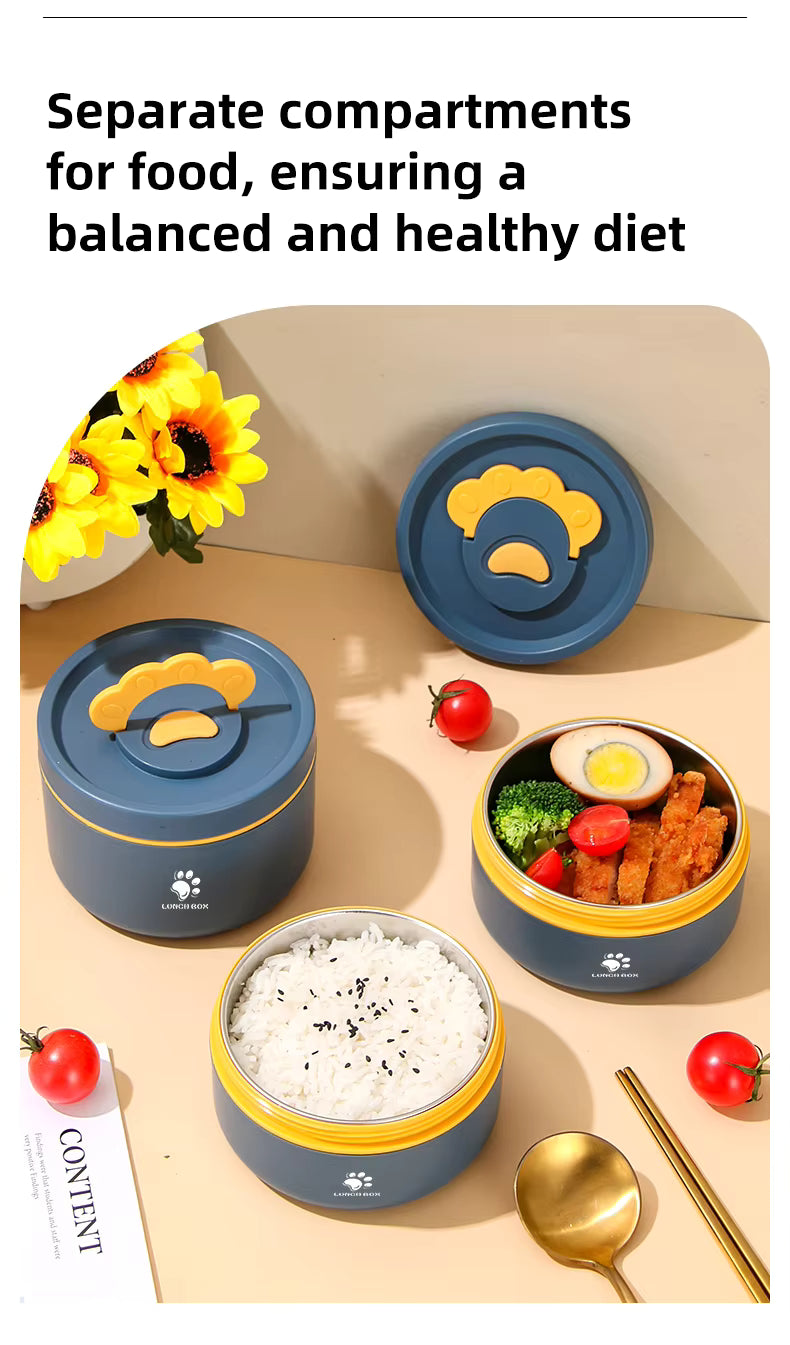 4 Pcs Stainless Steel 304 Round Insulated Lunch Box Set with Carrying Bag – Leak Proof Food Container, Heat Storage Bento Box (Blue/Brown)