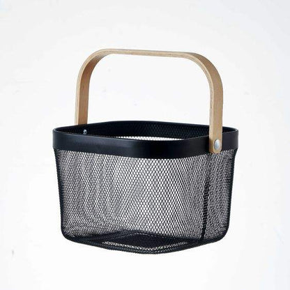 Countertop Metal Wire Mesh Storage Basket – Modern Square Fruit & Food Organizer with Wooden Handle
