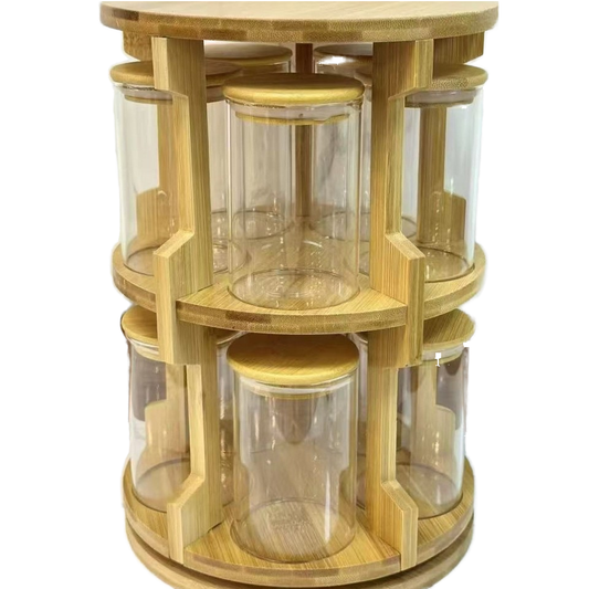 10 Pcs Bamboo Rotating Food Storage Jar Set – Airtight Glass Containers with Bamboo Rack | Multi-Functional Kitchen Storage Tank