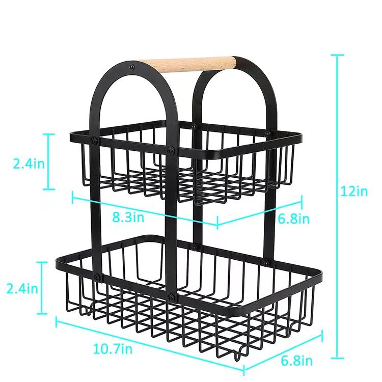 2-Tier Fruit Basket with Hanger – Detachable Carbon Steel Wire Basket with Wooden Handle for Home & Restaurant