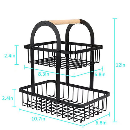 2-Tier Fruit Basket with Hanger – Detachable Carbon Steel Wire Basket with Wooden Handle for Home & Restaurant