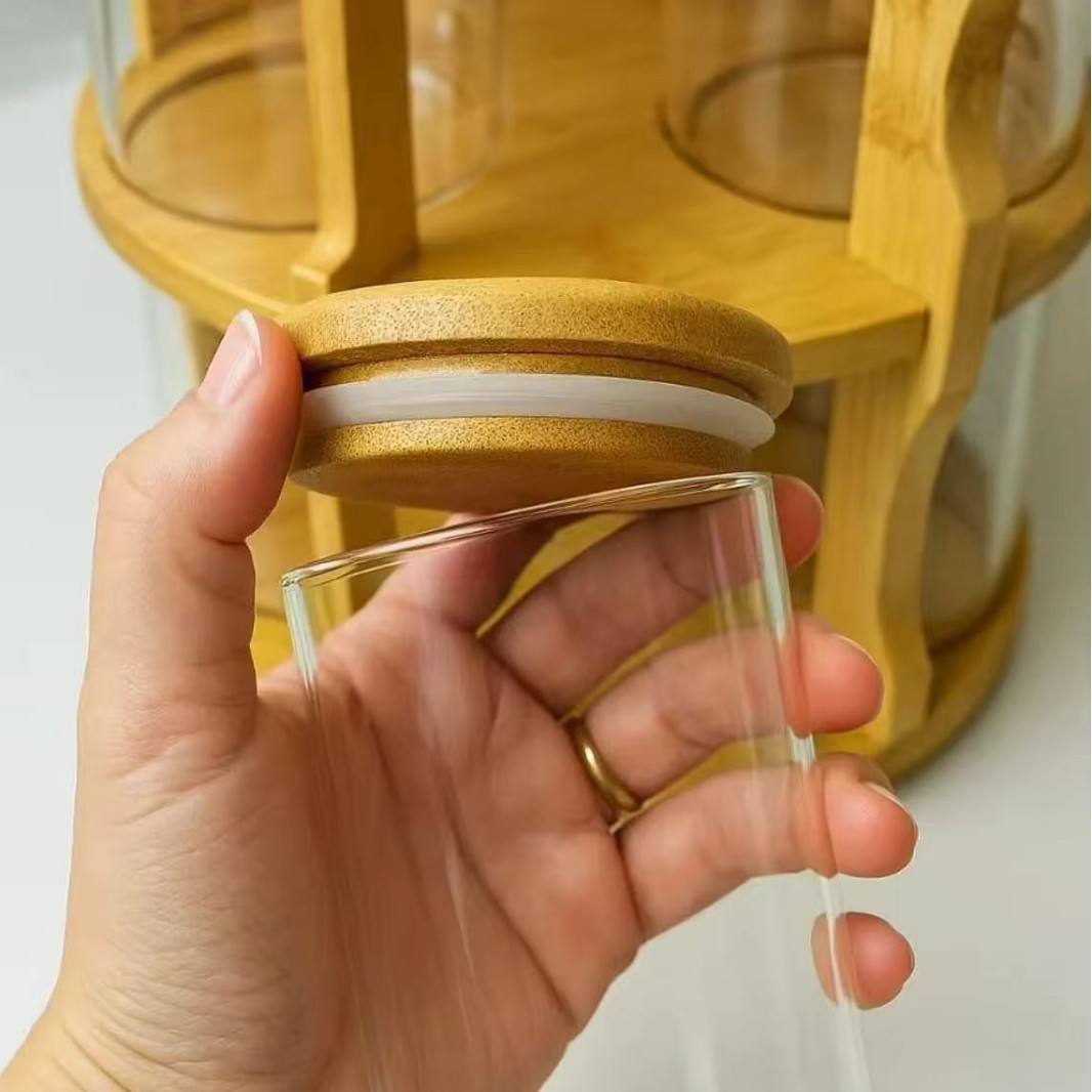 10 Pcs Bamboo Rotating Food Storage Jar Set – Airtight Glass Containers with Bamboo Rack | Multi-Functional Kitchen Storage Tank