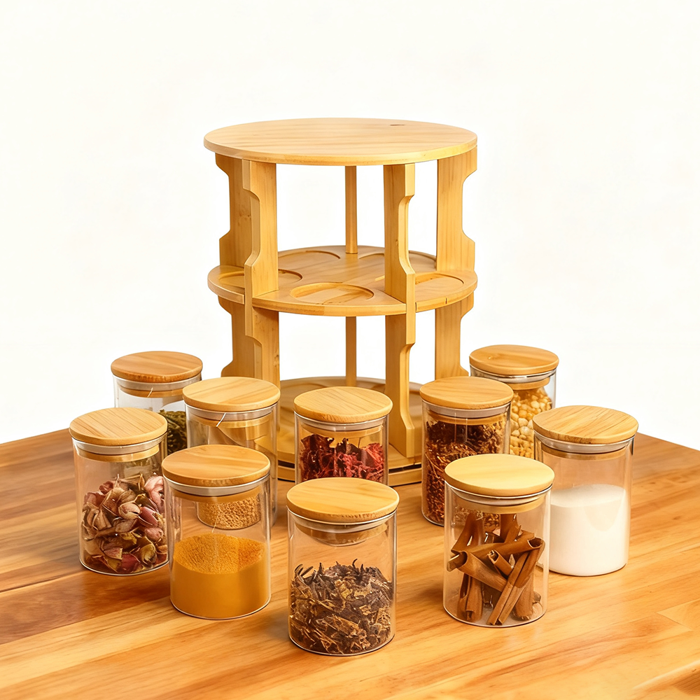 10 Pcs Bamboo Rotating Food Storage Jar Set – Airtight Glass Containers with Bamboo Rack | Multi-Functional Kitchen Storage Tank