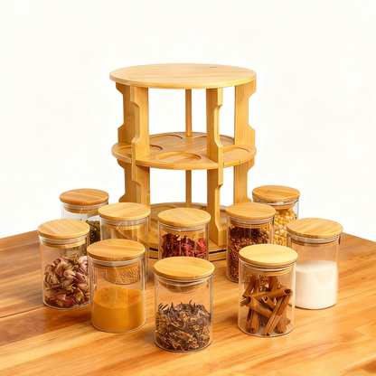 10 Pcs Bamboo Rotating Food Storage Jar Set – Airtight Glass Containers with Bamboo Rack | Multi-Functional Kitchen Storage Tank