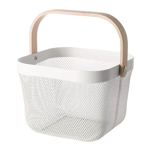 Countertop Metal Wire Mesh Storage Basket – Modern Square Fruit & Food Organizer with Wooden Handle