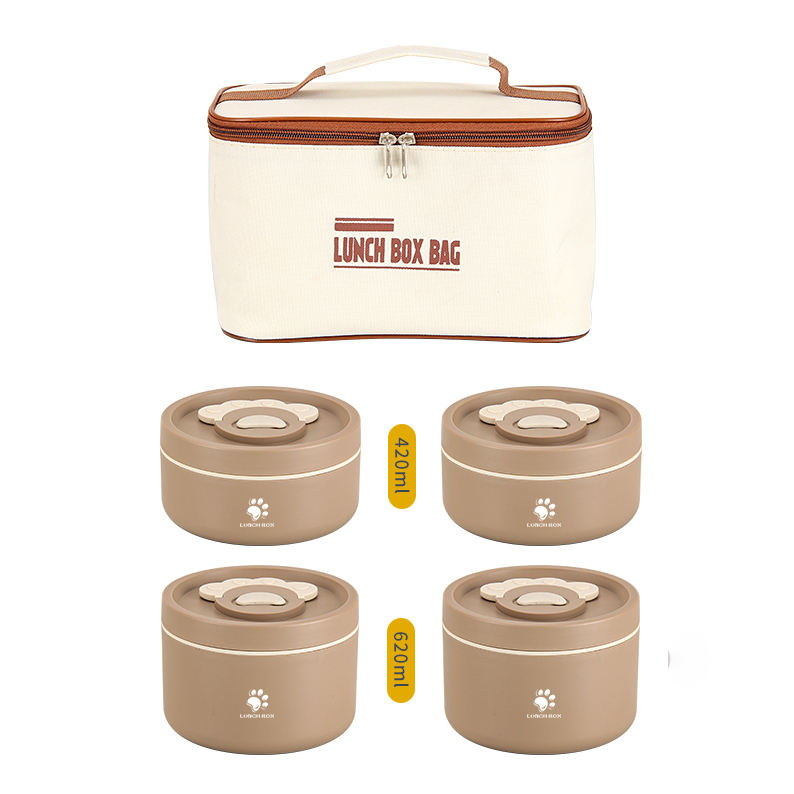 4 Pcs Stainless Steel 304 Round Insulated Lunch Box Set with Carrying Bag – Leak Proof Food Container, Heat Storage Bento Box (Blue/Brown)