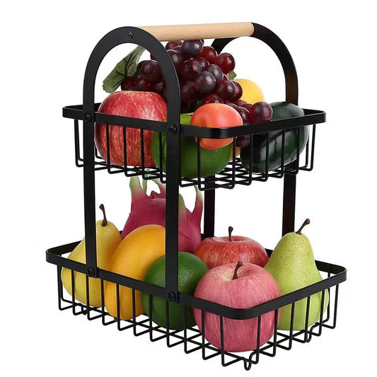 2-Tier Fruit Basket with Hanger – Detachable Carbon Steel Wire Basket with Wooden Handle for Home & Restaurant