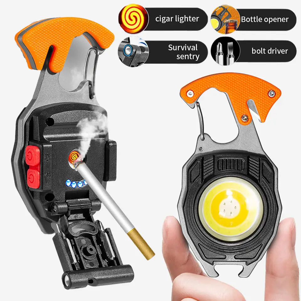 Magnetic Mini Keychain Flashlight & Cigar Lighter | Portable LED Torch with Bottle Opener | Rechargeable Aluminum Emergency Light for Camping