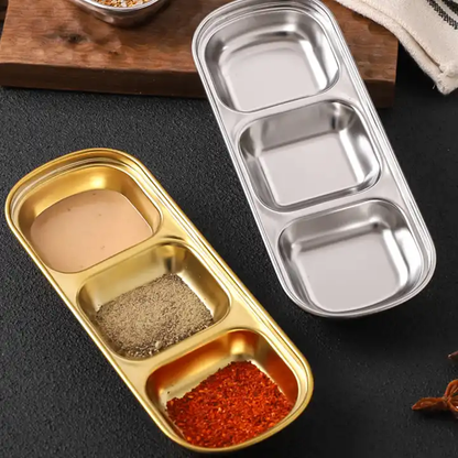 3 Compartment Stainless Steel Soy Sauce Dipping Bowls – Modern Luxury Appetizer Plates for Sushi, BBQ Sauce, Ketchup & Seasonings