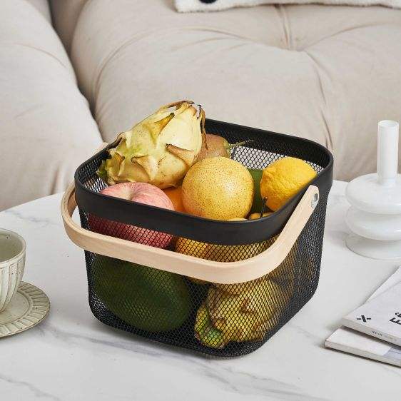 Countertop Metal Wire Mesh Storage Basket – Modern Square Fruit & Food Organizer with Wooden Handle
