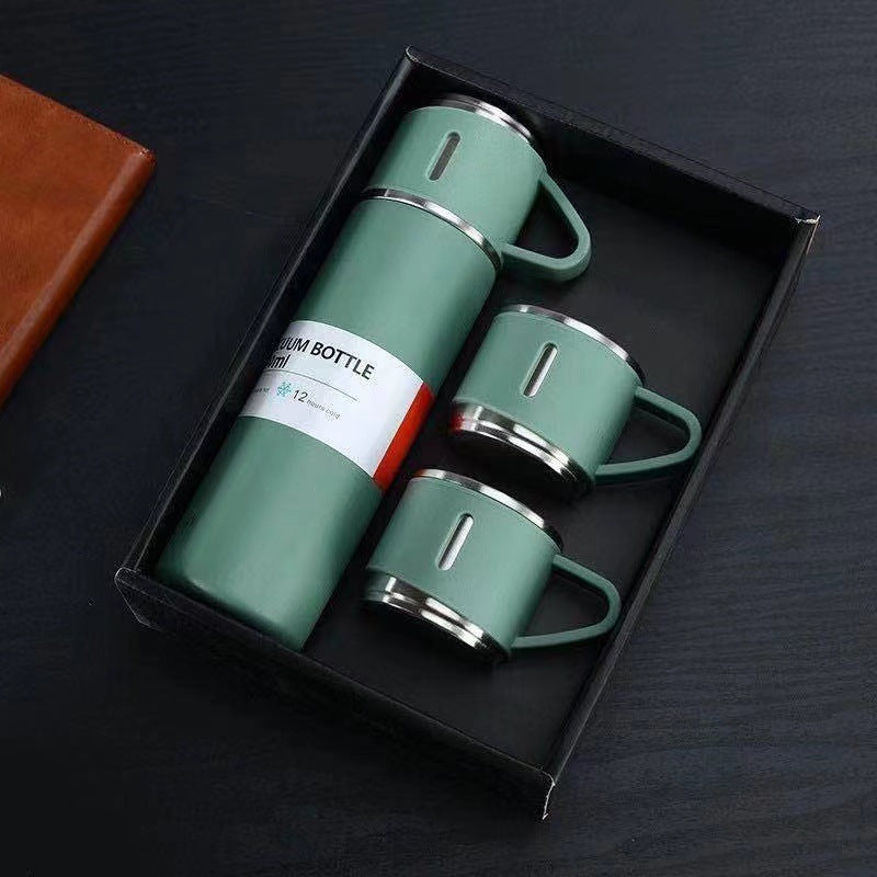 Portable Stainless Steel Thermos Bottle 500ml Vacuum Flask with 3 Cup Lids | Hot & Cold Insulated Travel Water Bottle Gift Set