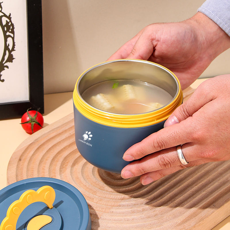 4 Pcs Stainless Steel 304 Round Insulated Lunch Box Set with Carrying Bag – Leak Proof Food Container, Heat Storage Bento Box (Blue/Brown)