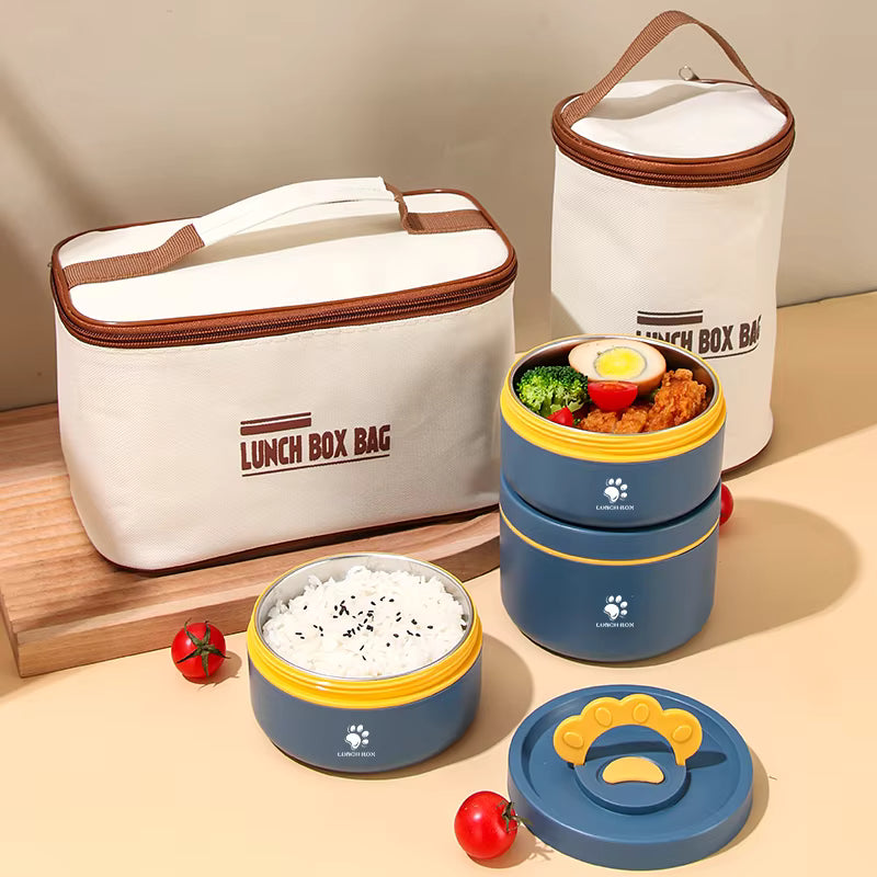 4 Pcs Stainless Steel 304 Round Insulated Lunch Box Set with Carrying Bag – Leak Proof Food Container, Heat Storage Bento Box (Blue/Brown)