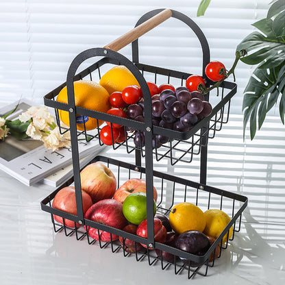 2-Tier Fruit Basket with Hanger – Detachable Carbon Steel Wire Basket with Wooden Handle for Home & Restaurant