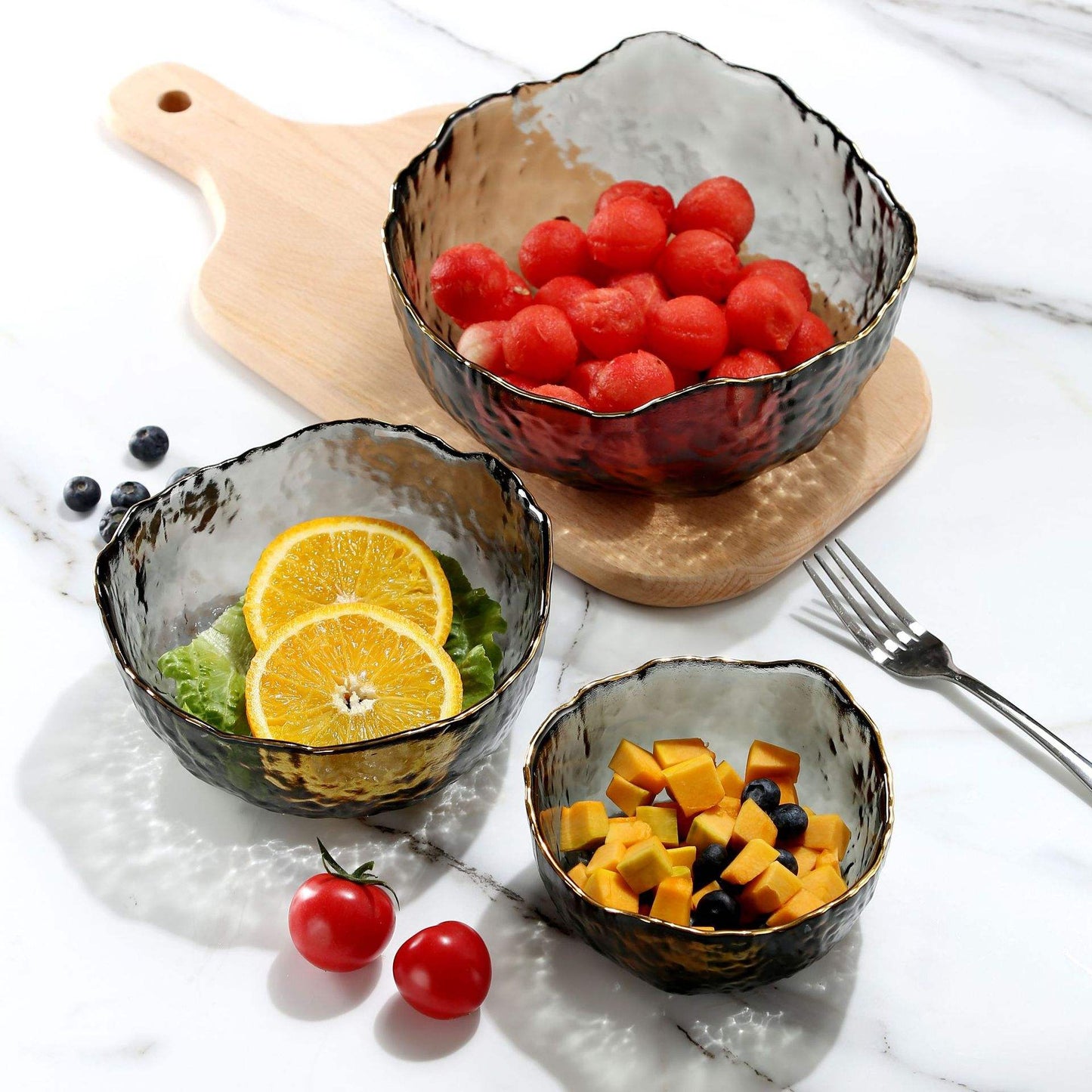 3 Pcs Colorful Vintage Glass Bowls Set for Salad, Fruits & Dessert – Decorative Multi-Functional Crystal Bowls for Home, Party & Wedding Use