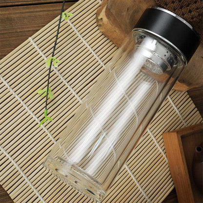 Classical Clear Heat Resistant Borosilicate Glass Travel Mug | 300ml Tea Infuser Bottle with Filter | Transparent Coffee & Water Bottle